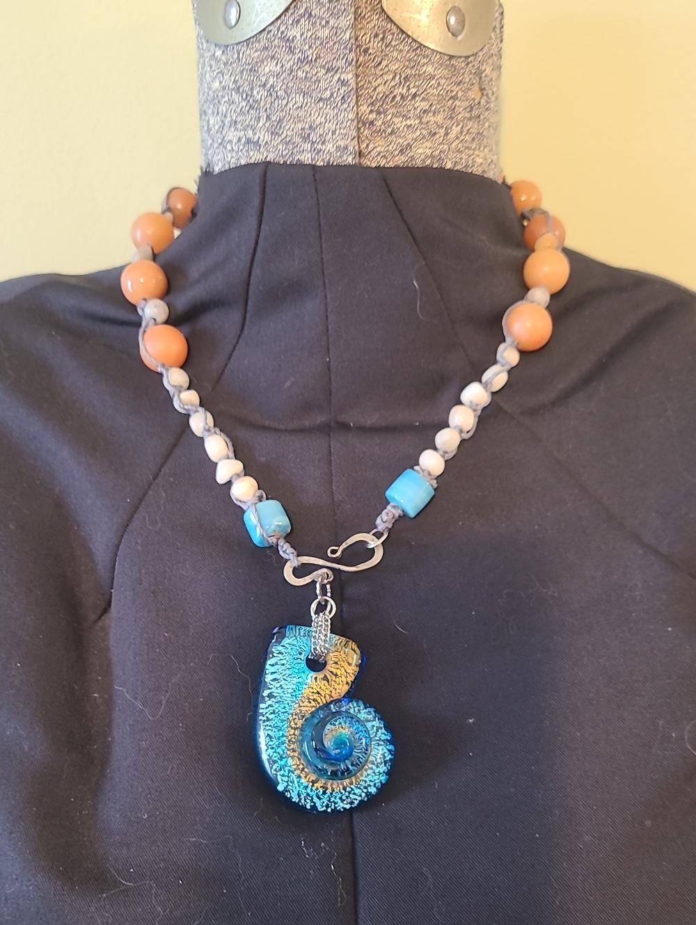 Handmade Blue and Tan Glass Pendant Necklace By Grey Dove Creations